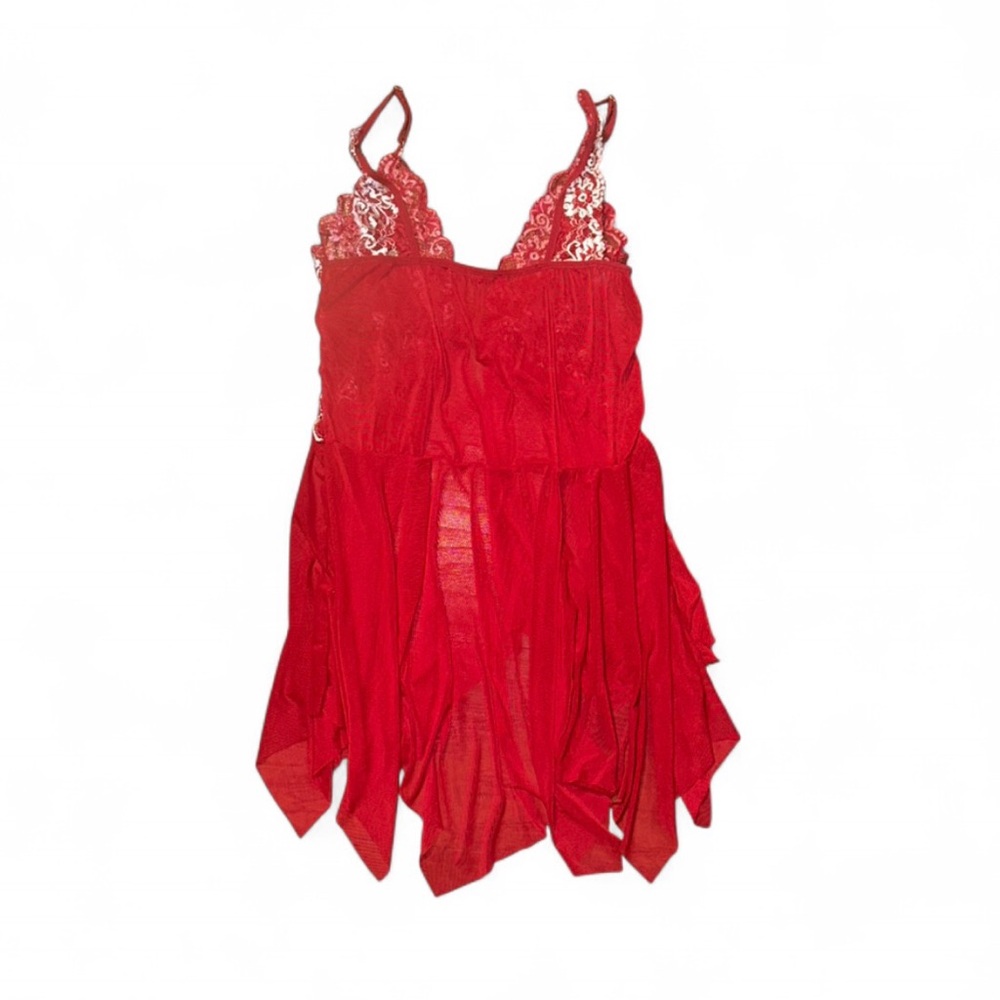 L XL Red White Lace Sheer Mesh Babydoll Nightgown Fairycore Coquette Valentine - Picture 2 of 2